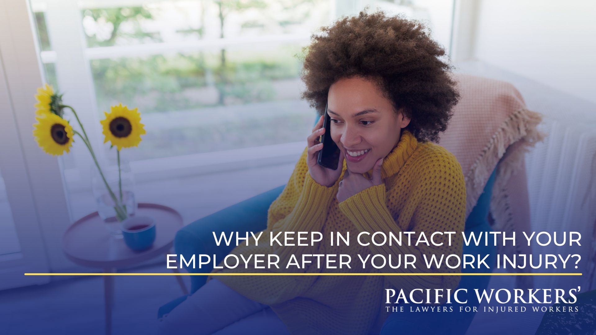 Woman in a living room speaking on the phone with her employer